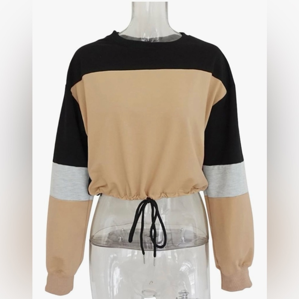 Color Block Lace Up Hem Crop Sweatshirt Casual Long Sleeve Top - Picture 6 of 6